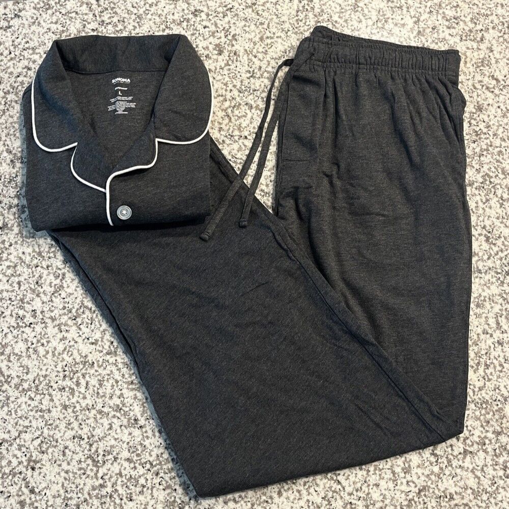 Sonoma Sleepwear 2 Piece Men Size L Dark Gray, Long Sleeve, Pockets,buttons.
